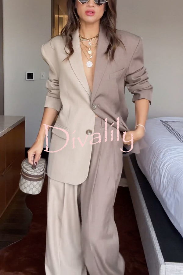 Girl Boss Avant-garde Contrast Colors Lapel Boyfriend Blazer and Pocketed Wide Leg Pants Set