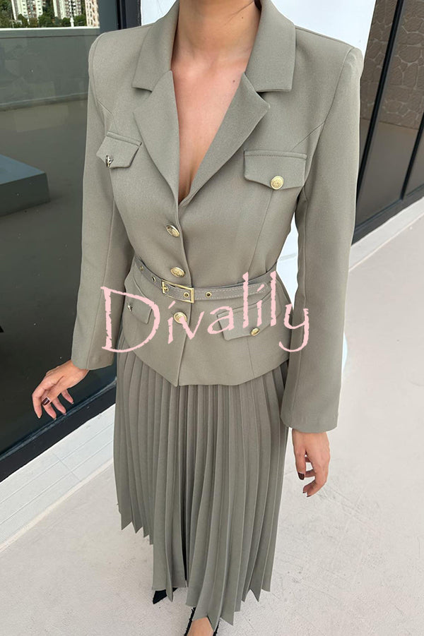 Solid Color Lapel Button Belt Blazer and Pleated Casual Maxi Skirt Set