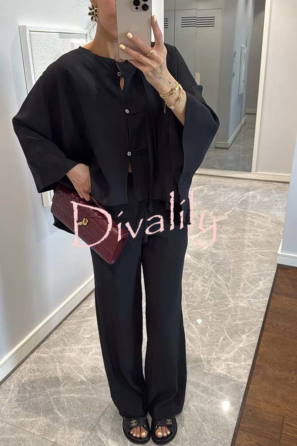 Ellie Tie-button Batwing Sleeve Loose Top and High Rise Pocket  Wide Leg Pants Set