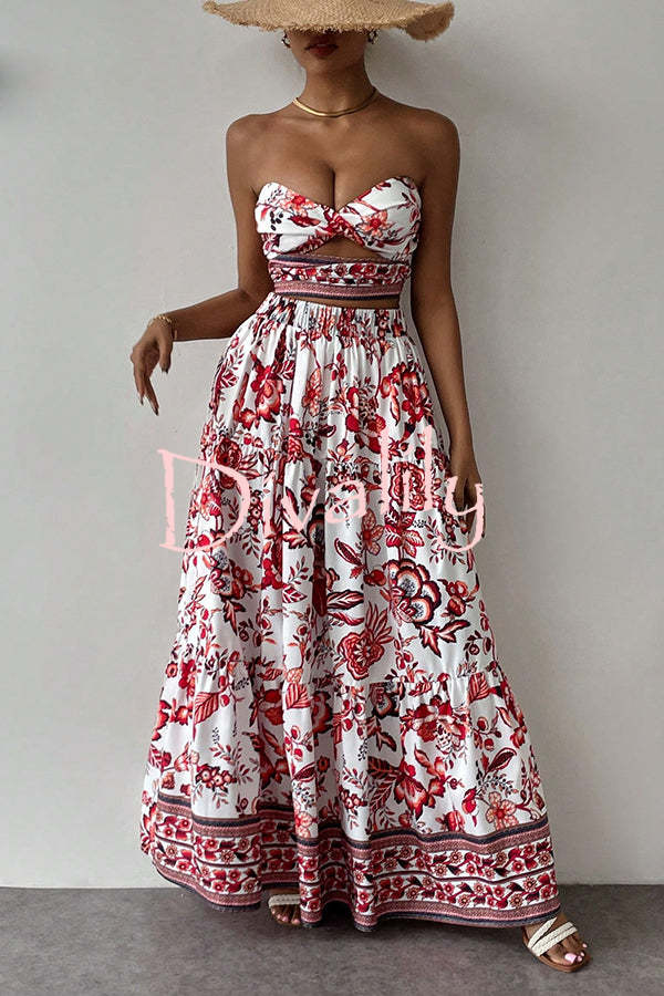 Floral Print Cutout Bandeau Top and Elastic Waist Full Maxi Skirt Set