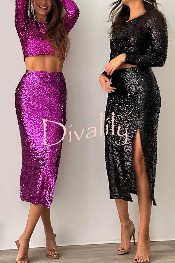 Solid Sequined Long-sleeved Crop Top and Sexy Slit Midi Skirt Set