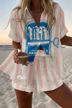 Sardines Can Print Loose Button Elastic Waist Shorts Set