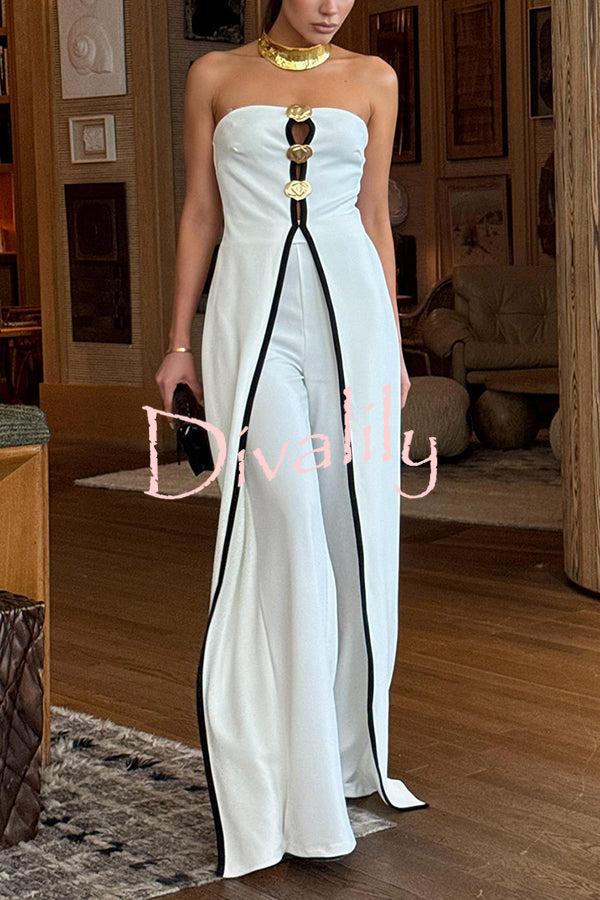 Fashionable Contrast Color Off-shoulder Metal Decoration Casual Elegant Jumpsuit