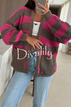 Fashionable Patchwork Striped Casual Pocket Knitted Sweater