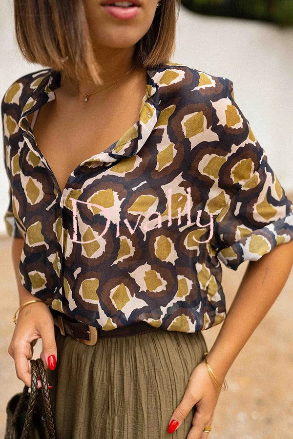 Unique Printed Lapel Button-down Loose Casual Shirt