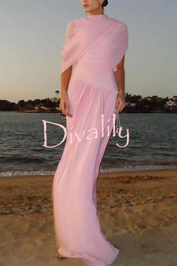 Elegant Mesh Cape-style Pleated Draped Maxi Dress
