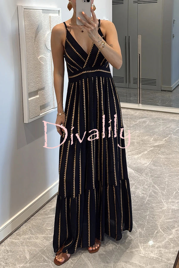 Striped Printed Suspender V-Neck Full Hem Loose Holiday Maxi Dress