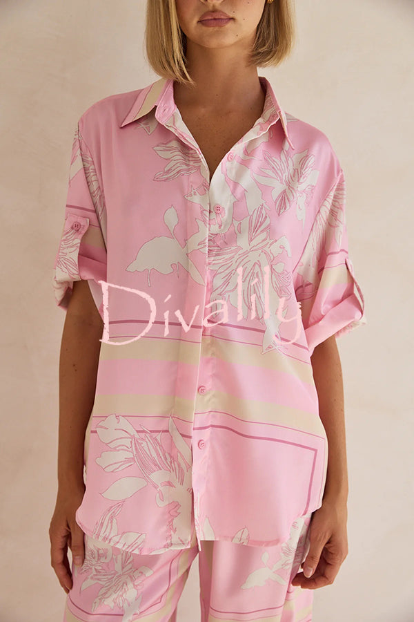Fashionable Plant Print Loose Lapel Short Sleeve Shirt and Casual Elastic Waist Pocket Pants Set