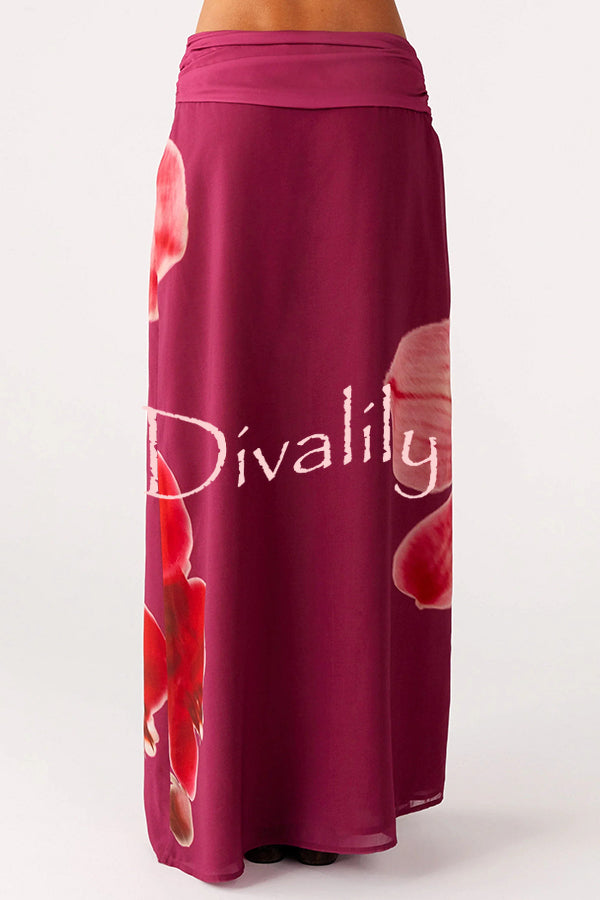 Sexy Deep V Backless Draped Camisole Top and Floral Print Chiffon Maxi Skirt Set