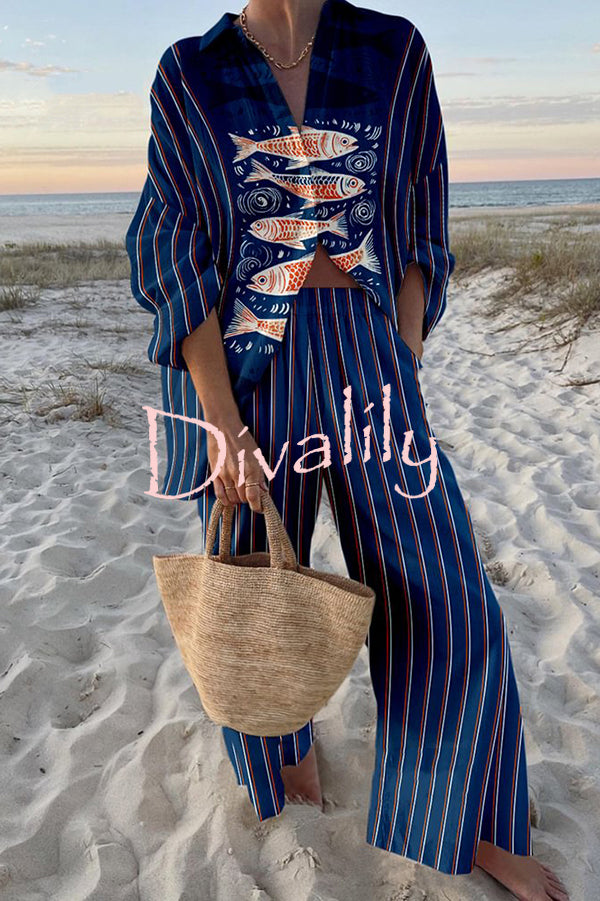 Unique Ocean Print Oversized Shirt and Elastic Waist Pocket Pants Set