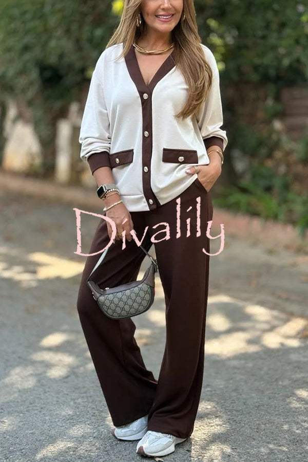 Stylish Color-blocked V-neck Knitted Button-down Cardigan and Elastic Waist Casual Wide-leg Pants Set