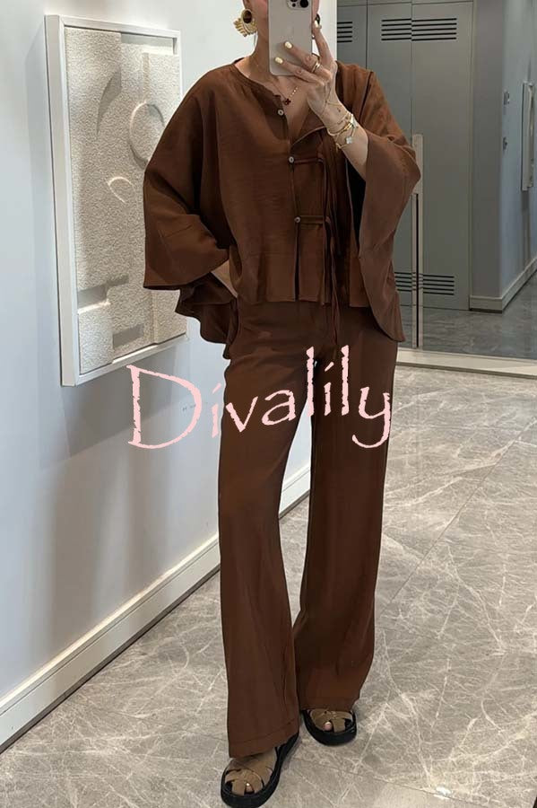 Ellie Tie-button Batwing Sleeve Loose Top and High Rise Pocket  Wide Leg Pants Set