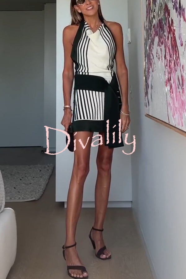 Summer Event⁠ Striped Beads Cowl Neck Backless Tie-up Mini Dress