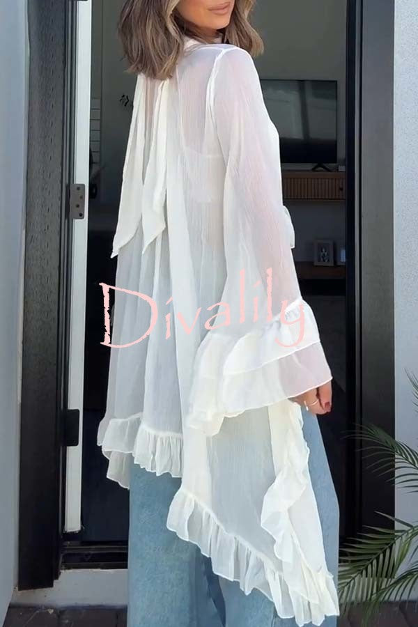 Flowy See-through Ruffle Tie-up Neck Bell Sleeve High-low Hem Cape Shirt