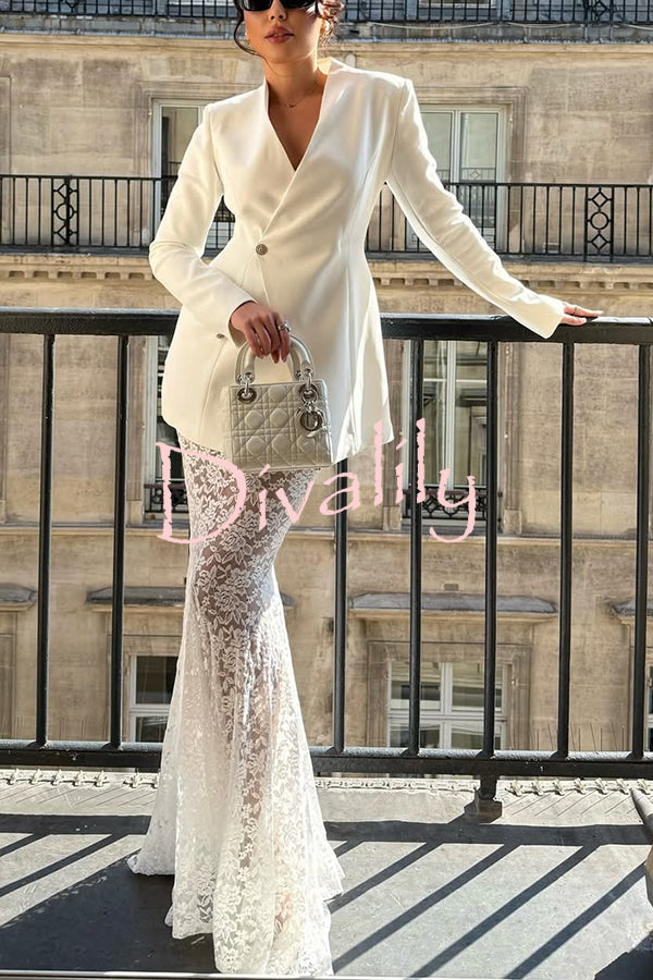 Poetic Muse Stand V-neck Rhinestone Button Up Long Sleeve Blazer