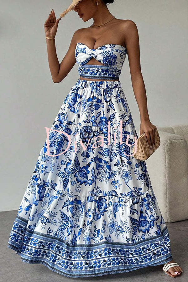 Floral Print Cutout Bandeau Top and Elastic Waist Full Maxi Skirt Set
