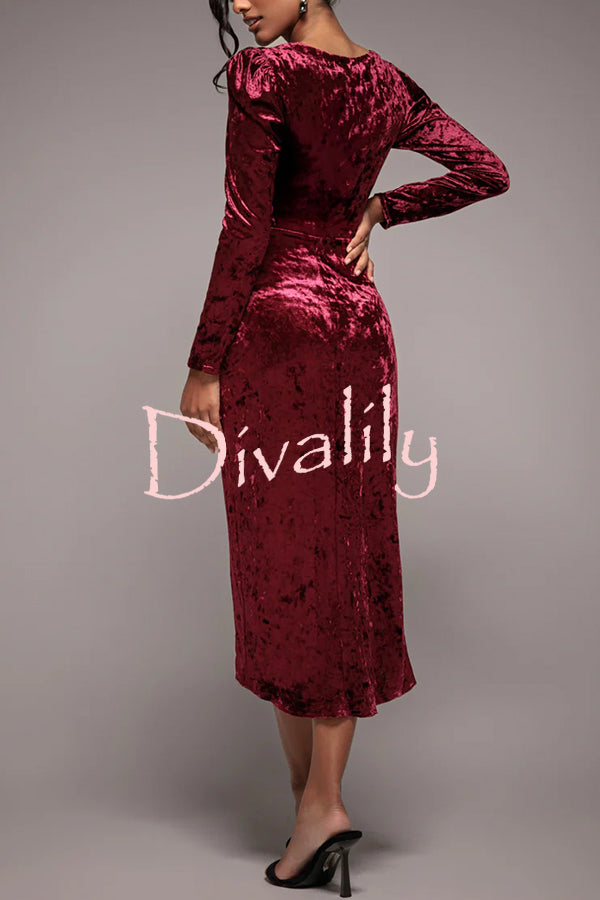 Solid Color Velvet Long-sleeved Slim-fit Slit Midi Dress