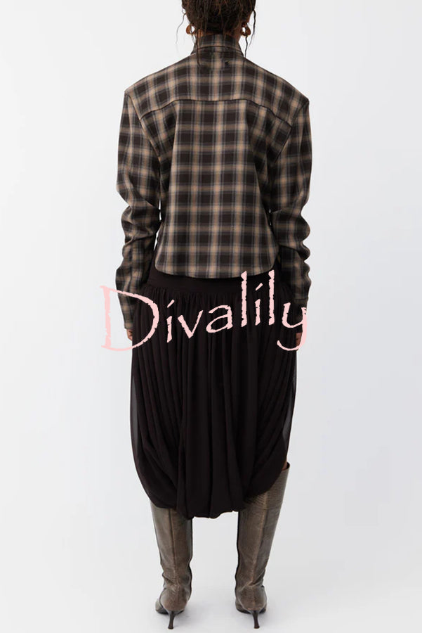 Vintage Plaid Shoulder Pad Buttons Long Sleeve Angled Hem Shirt