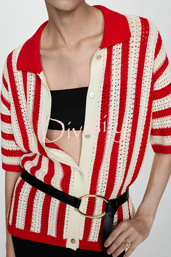 Fashionable Red and White Contrast Lapel Short-sleeved Knitted Top