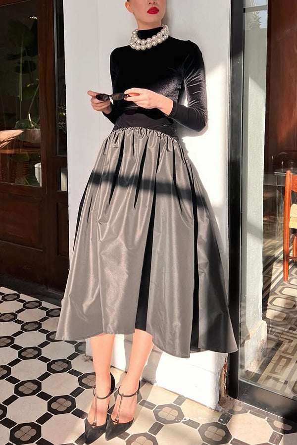 Solid Color Velvet Patchwork High Neck Long Sleeve Maxi Dress