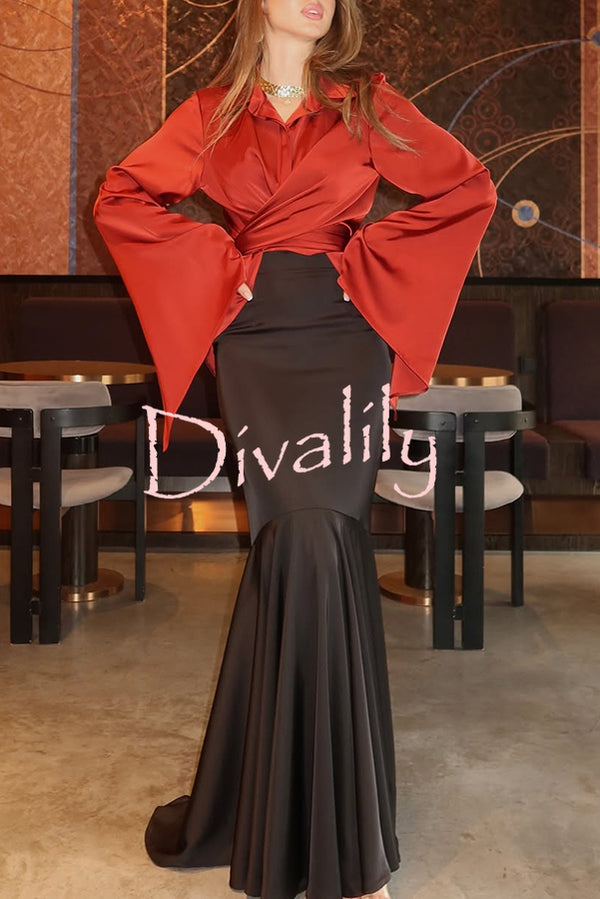 Jenny Satin High Rise Elastic Waist Flare Maxi Skirt