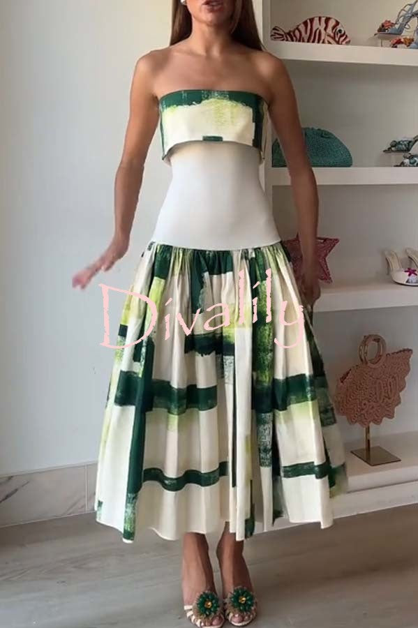 Robia Unique Print Ribbed Elastic Waist Pocketed Strapless Midi Dress