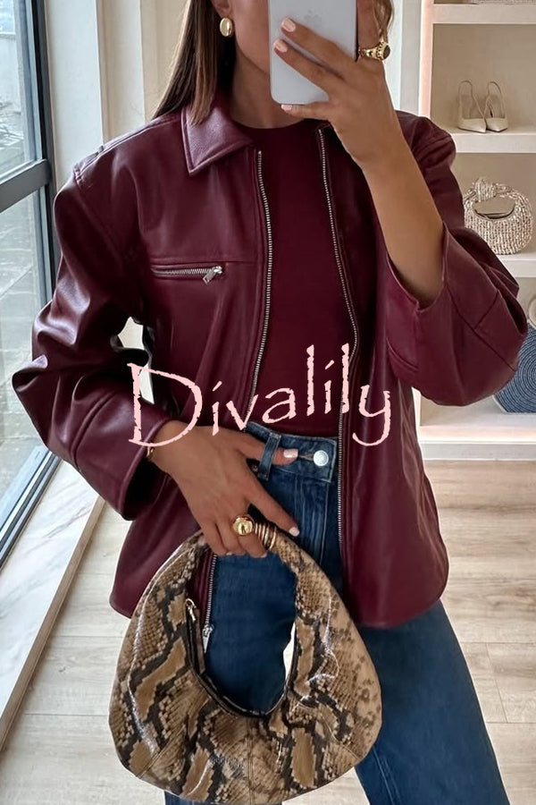 Fashion Lapel Long Sleeve Pocket Zipper Leather Jacket