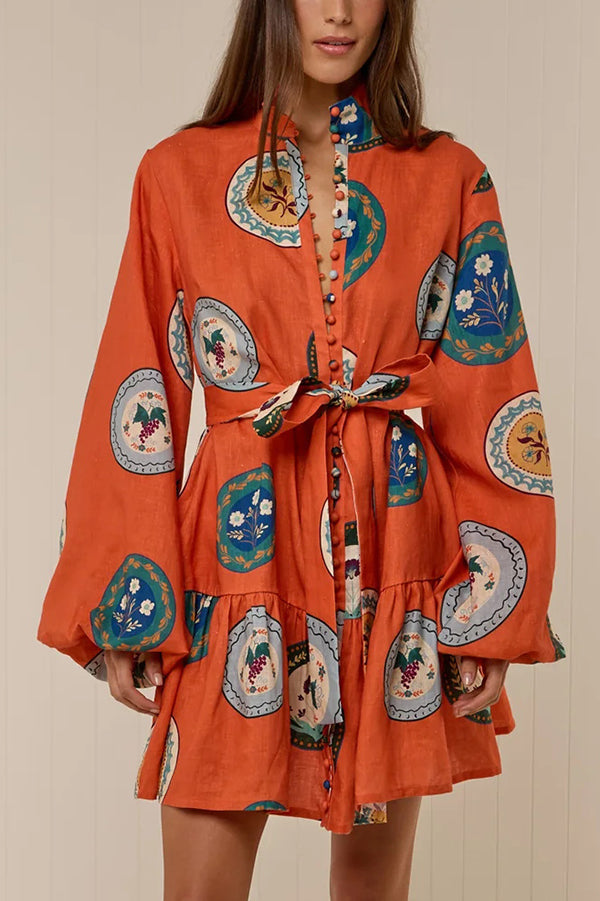 Linen Blend Unique Print Tie Waist Loose Mini Dress