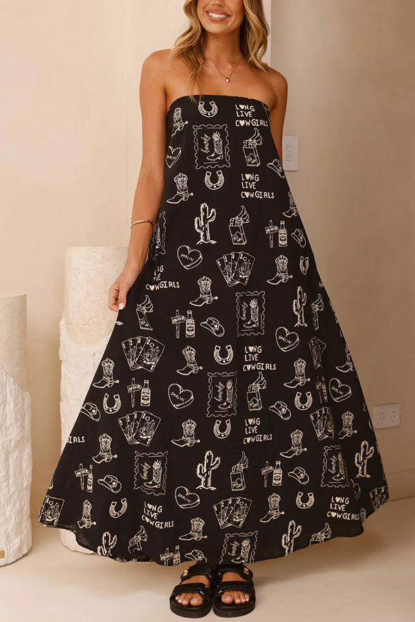 Unique Print Strapless Open Back Full Hem Maxi Dress