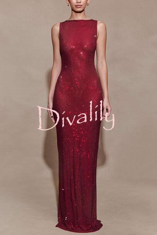 Holiday Nights Sequin Boat Neck Sleeveless Slit Maxi Dress