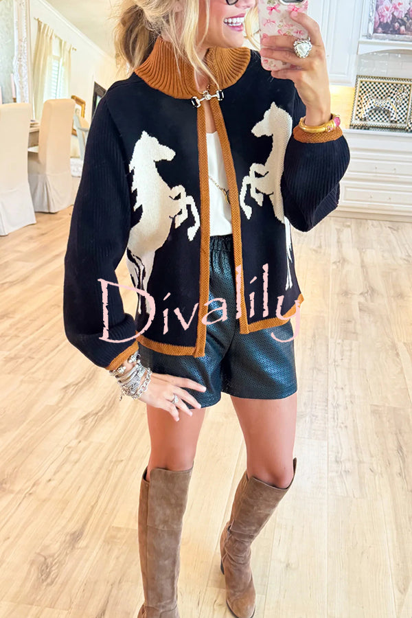 Stylish White Horse Pattern Casual Long-sleeved Knitted Cardigan