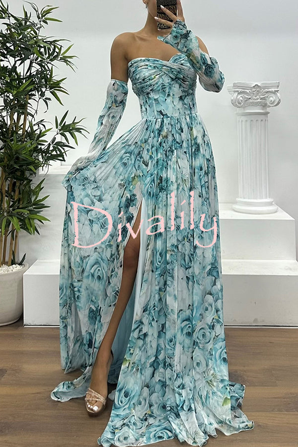 Reina Chiffon Floral Print Pleated Bodice Split Sleeve Strapless Slit Maxi Dress