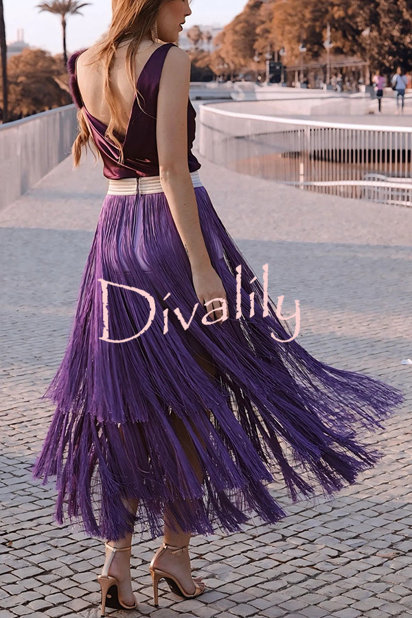 Elegant Tassel Hem Elastic Waist Casual Maxi Skirt