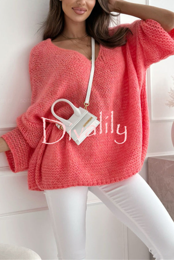 Solid Color Loose V-neck Casual Knitted Sweater