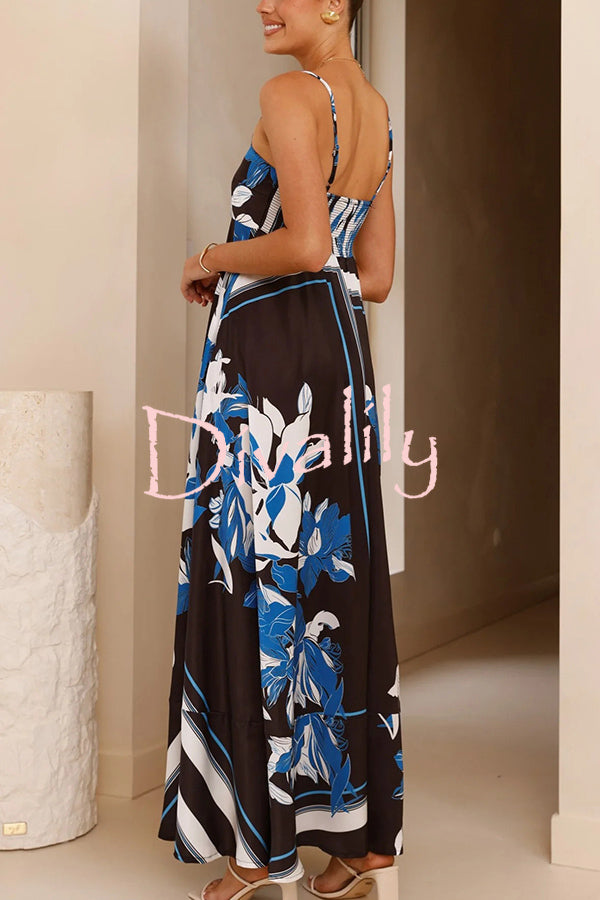 Botanical Print Square Neck Suspender Casual Full Hem Maxi Dress