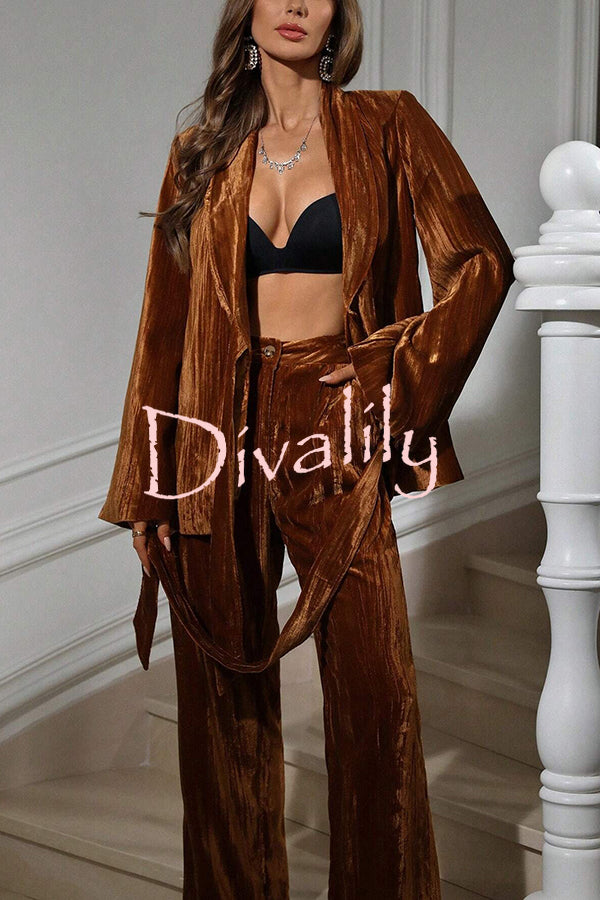 Solid Color Velvet Pleated Long-sleeved Tie Top and Casual Pocket Straight-leg Pants Set