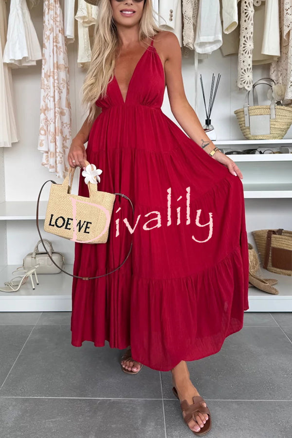Bohemian Style V-neck Backless Slip Layered Vacation Maxi Dress