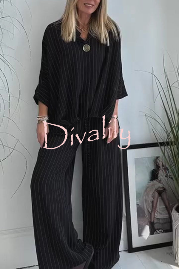 Fashion Striped Print Lapel Loose Top and Elastic Waist Casual Wide-leg Pants Set