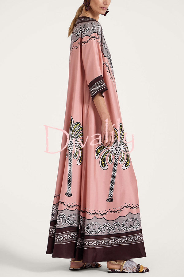 Satin Unique Print Casual V-neck Loose Holiday Maxi Dress
