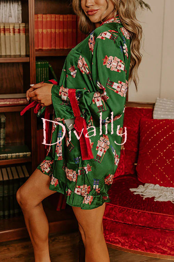 Christmas Dreaming Satin Nutcrackers Print Velvet Trim Elastic Waist Pocketed Pajama Shorts Set