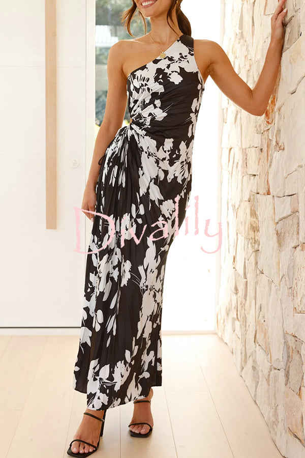 Laken Floral Print One Shoulder Adjustable Tie Cutout Pleated Maxi Dress