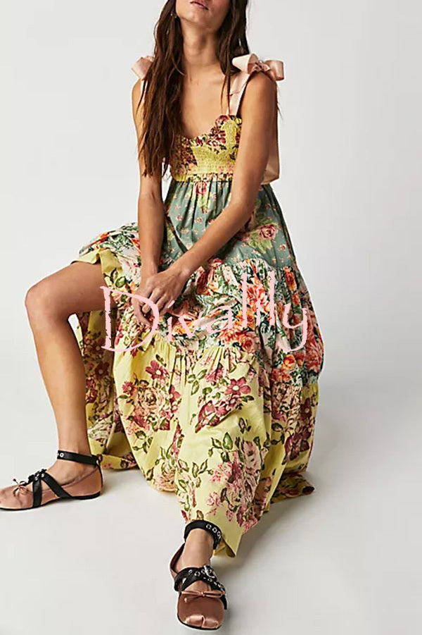 Floral Print Strappy Pleated Paneled Maxi Dress