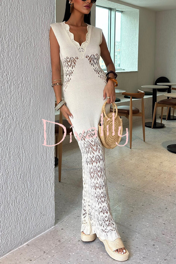 Solid Color Hollow Knitted V-neck Slim Fishtail Maxi Dress