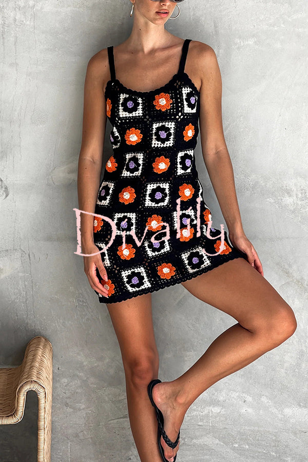 Embroidered Floral Strappy Knitted Mini Dress
