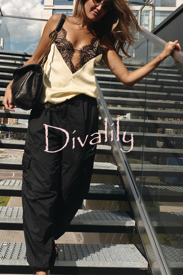 Versatile and Elegant Items Lace Petal Trim Cutout V-neck Slip Loose Tank