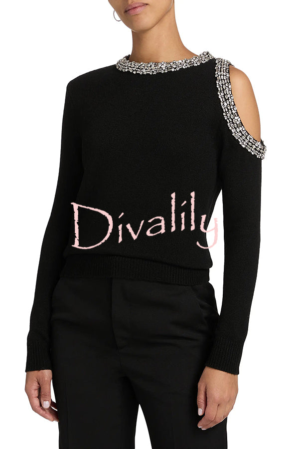 Holiday Party Knit Crystal-Embellished Cut-out Shoulder Long Sleeve Top