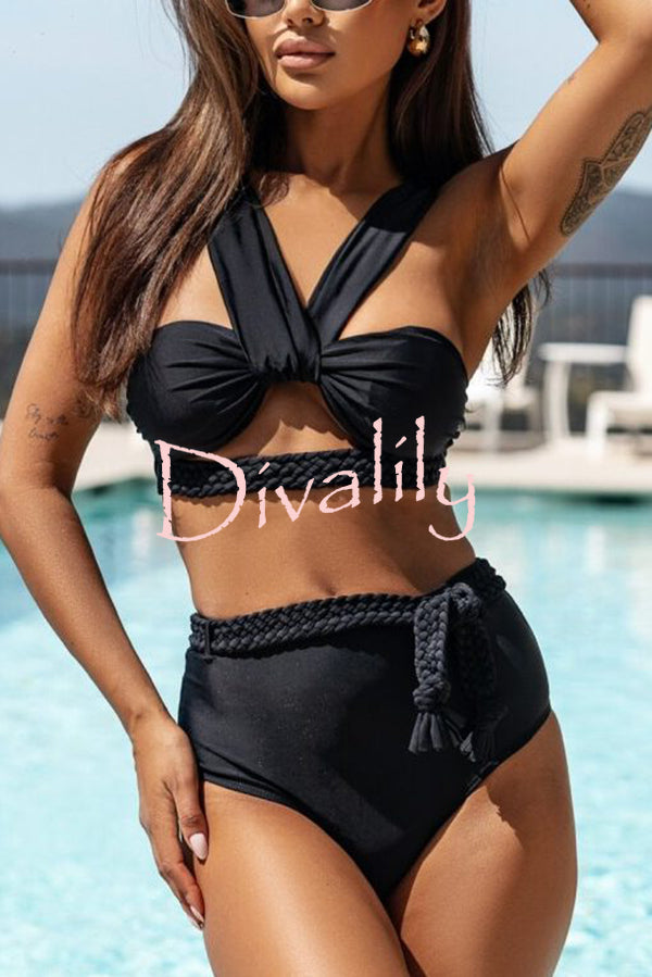 Solid Color Braided Rope High Waist Stretch Two-piece Bikini Swimsuit