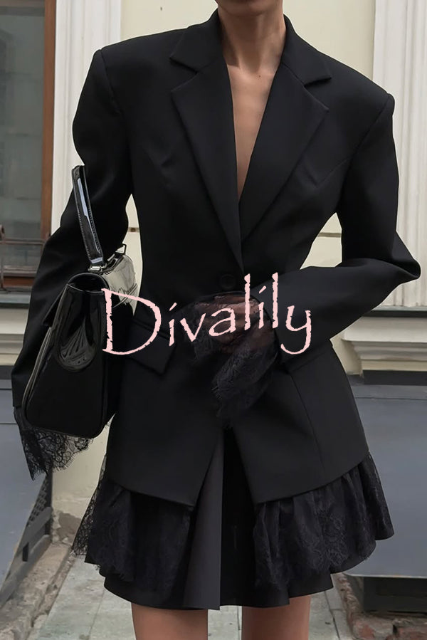 Solid Color Lace Panel Long Sleeve Button Elegant Blazer