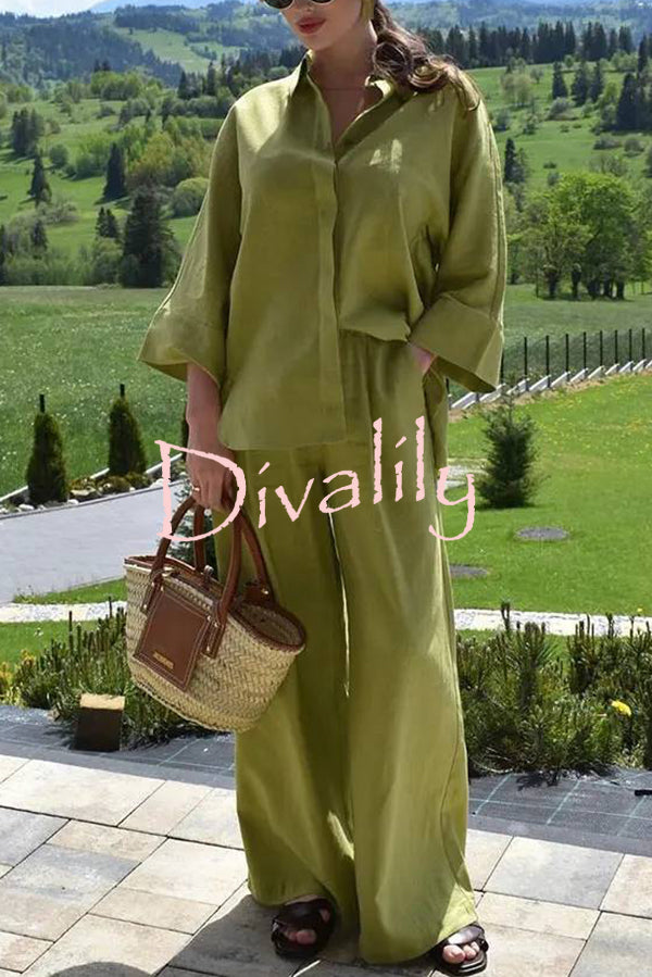Solid Color Loose Casual Shirt and Elastic Waist Pocket Wide Leg Pants Set