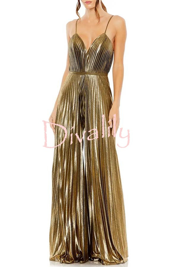 Disco Fashion Metallic Fabric Pleated V-Neck Slip Wide Leg Jumpsuit